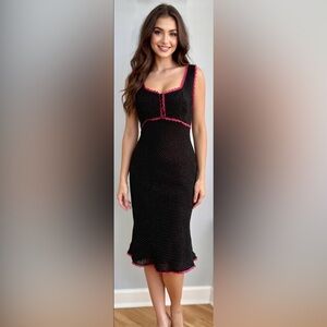 Vintage Y2K Mica Black & White Polka Dot with Pink Ruffle Trim Midi Slip Dress!